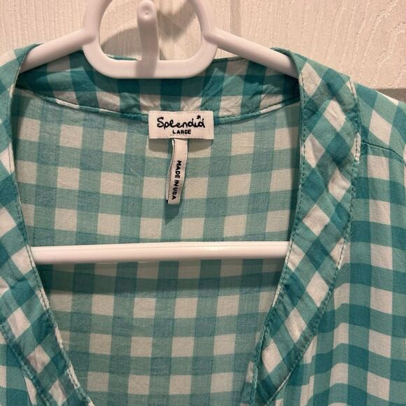 Splendid Teal Gingham Button Down Tank Top Women’s Size Large Summer Beachy - Picture 3 of 7
